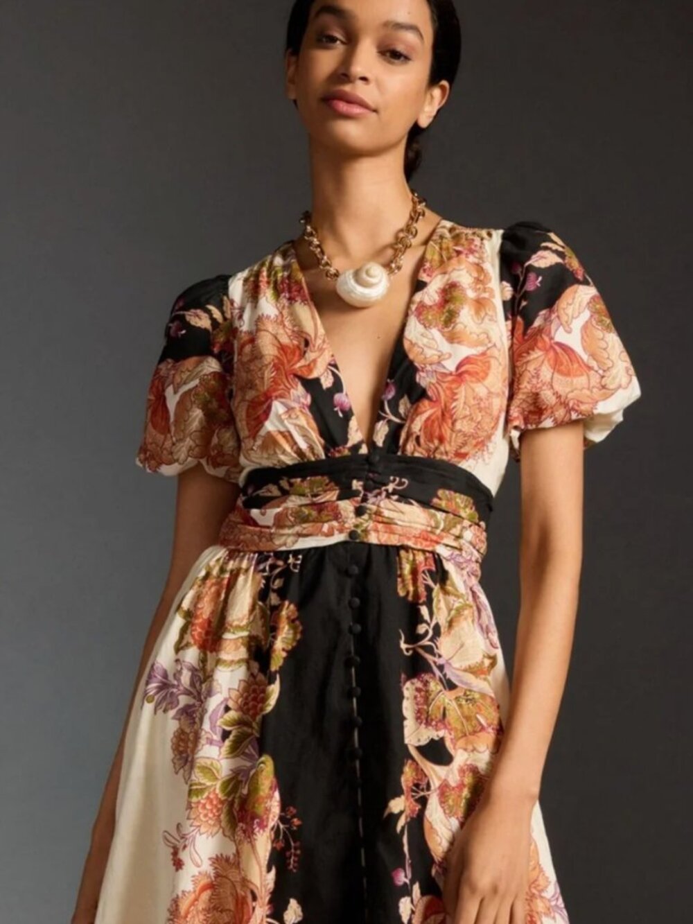 Anthropologie Cream and Black Floral Midi Dress - Picture 3 of 6